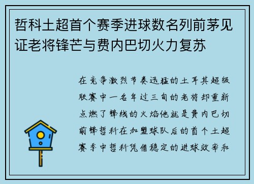 哲科土超首个赛季进球数名列前茅见证老将锋芒与费内巴切火力复苏 哲科土超首个赛季进球数名列前茅见证老将锋芒与费内巴切火力复苏